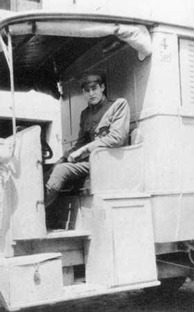 Hemingway in a Red Cross ambulance, Italy, 1918