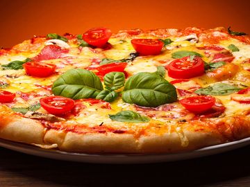 Food. Pizza. Basil. Tomato.