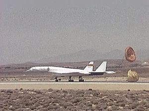 Observe XB-70A Valkyrie landing at Edwards Air Force Base, California