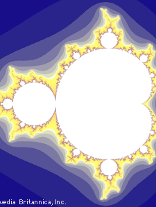 Mandelbrot setDuring the late 20th century, Polish mathematician Benoit Mandelbrot helped popularize the fractal that bears his name. The fundamental set contains all complex numbers C such that the iterative equation Zn + 1 = Zn2 + C stays finite for all n starting with Z0 = 0. As shown here, the set of points that remain finite through all iterations is white, with darker colours showing how quickly other values diverge to infinity. The fractal edge between points that remain finite and those that diverge to infinity is extremely complicated, with self-repeating features that can be seen at all scales.