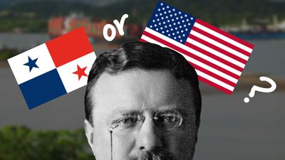 Black-and-white photo of Teddy Roosevelt over Panama Canal backdrop, flanked by Panama and U.S. flags with “or” and a question mark between them.