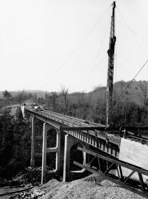 Round Meadow Viaduct under construction, c. 1939, near Rocky Knob, southwestern Virginia, U.S.