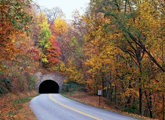 Grassy Knob Tunnel portal in autumn, Blue Ridge Parkway, Pisgah National Forest, western North Carolina, U.S.