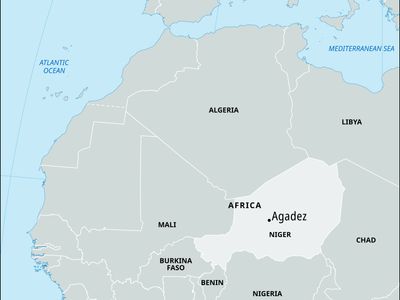 Map showing the location of Agadez in Niger and western Africa.