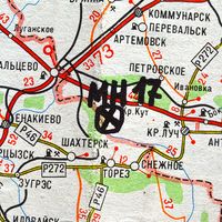 Eastern Ukraine map with site MH-17 flight crashed on January 2015 in Kiev, Ukraine