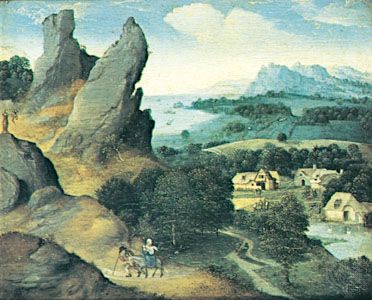 Landscape with the Flight into Egypt, oil on panel by Joachim Patinir, 1520; in the Koninklijk Museum voor Schone Kunsten, Antwerp, Belgium. 17 × 21 cm.