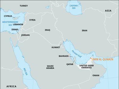 Map showing the location of the emirate Umm al-Quwain on the Arabian Peninsula.