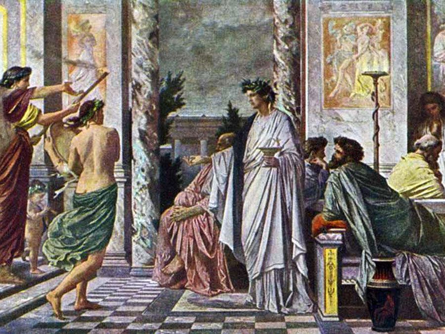 Agathon (centre) greeting guests in "Plato's Symposium" oil on canvas by Anselm Feuerbach, 1869; in the Staatliche Kunsthalle, Karlsruhe, Germany.