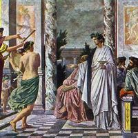 Agathon (centre) greeting guests in "Plato's Symposium" oil on canvas by Anselm Feuerbach, 1869; in the Staatliche Kunsthalle, Karlsruhe, Germany.