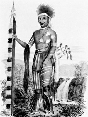 Keokuk, Sauk chief; painting by J.O. Lewis done at the signing of the Treaty of Prairie du Chien, 1825.