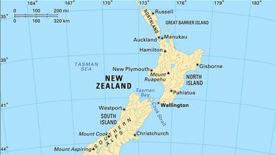 New Zealand. Political/Physical map. Includes locator.