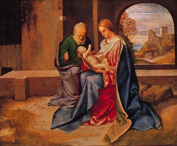 The Holy Family, oil on panel transferred to hardboard, by Giorgione, c. 1500; in the National Gallery of Art, Washington, D.C. 37.3 × 45.6 cm.