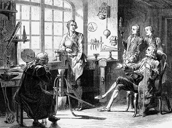 Joseph Black visiting James Watt in his University of Glasgow workshop.