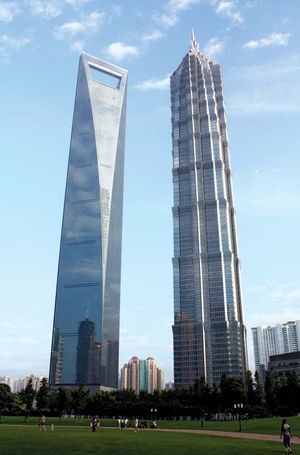 Two of China's tallest buildings, the Shanghai World Financial Center (left) and the Jin Mao Tower, Shanghai, China