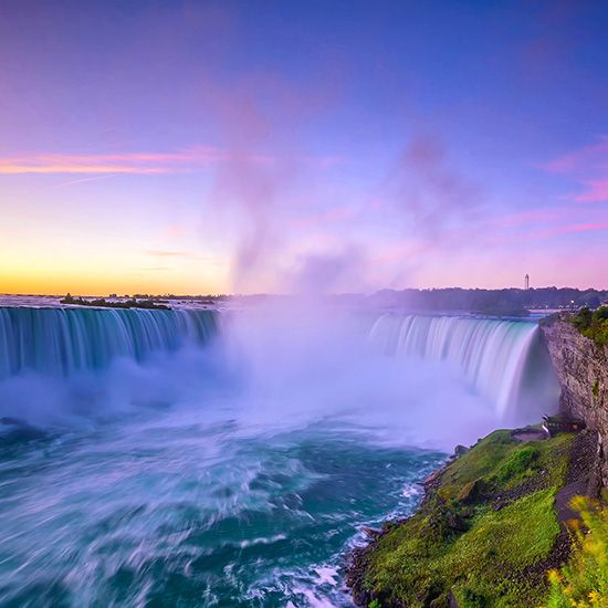 Niagara Falls lie on the border between Ontario, Canada, and the U.S. state of New York.