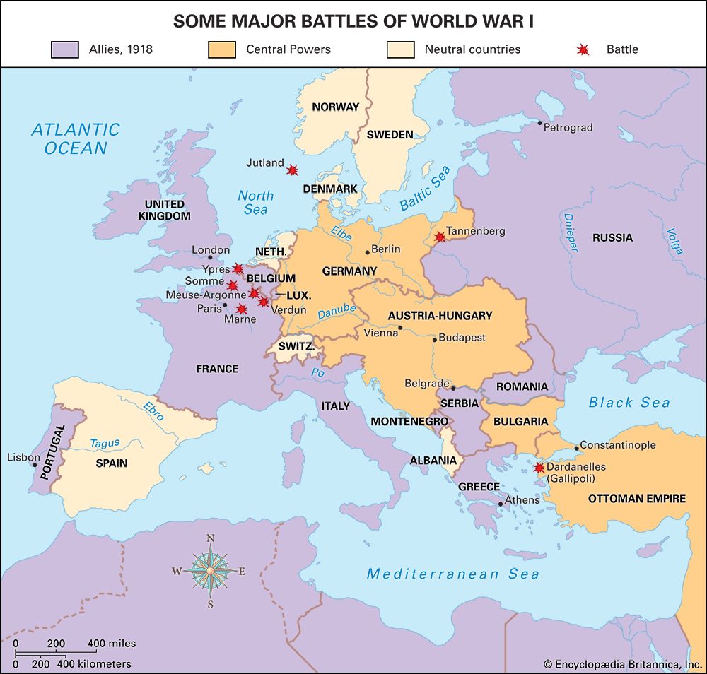 Almost all the battles of World War I were fought in Europe and the Middle East. The two sides fighting each other were known as the Allies and the Central Powers. Countries that did not side with either group were called neutral.