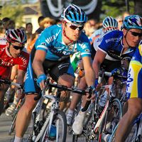 Pack of cyclists racing in the evening light of the Glenelg leg of the Tour Down Under 2008, Adelaide, South Australia. 20th January 2008. Cyclist in light blue is with team Milram.